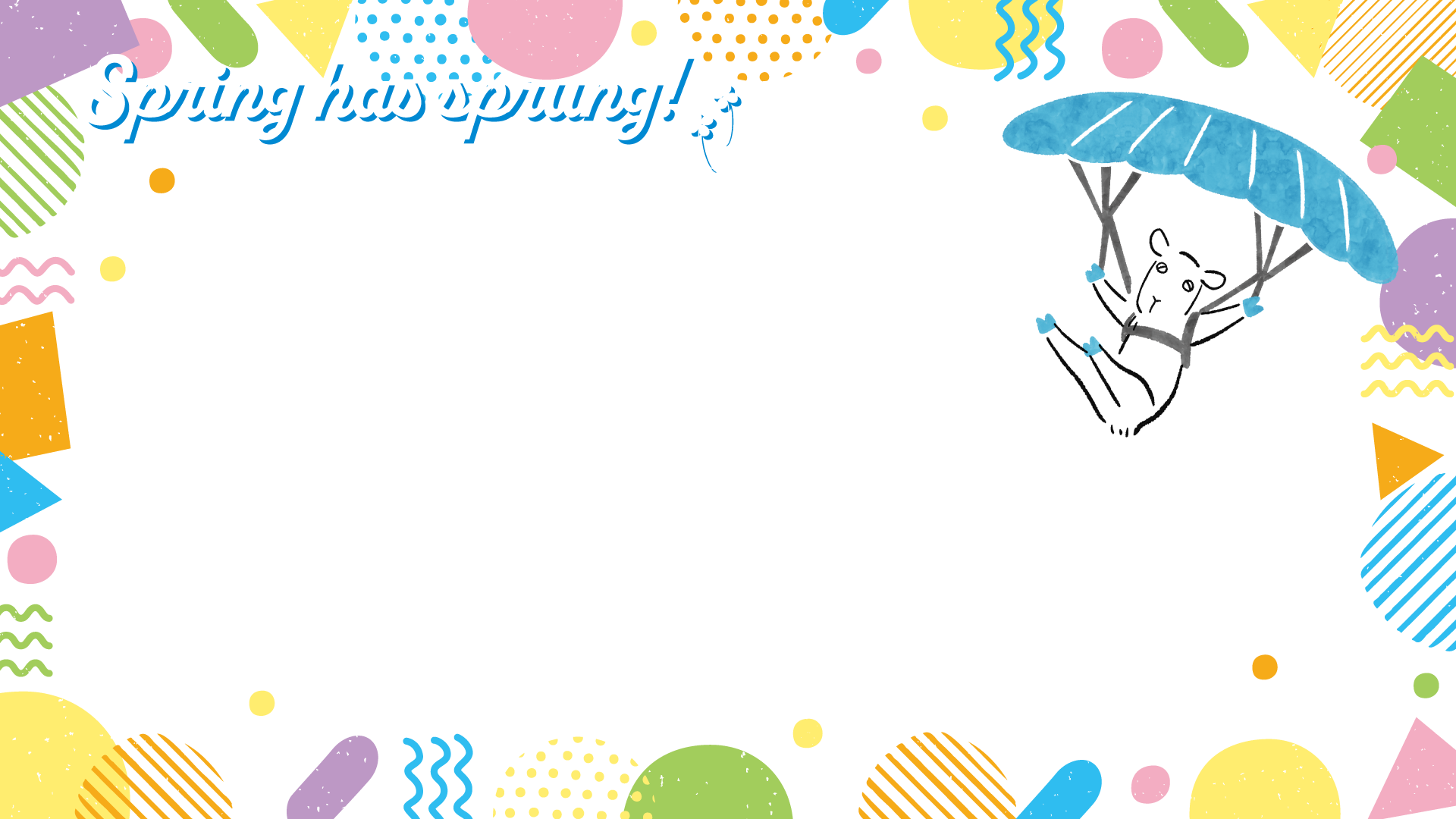 パラシュートで空を飛んでいるヤギさん。カラフルな丸や四角などの模様が周りに描かれている